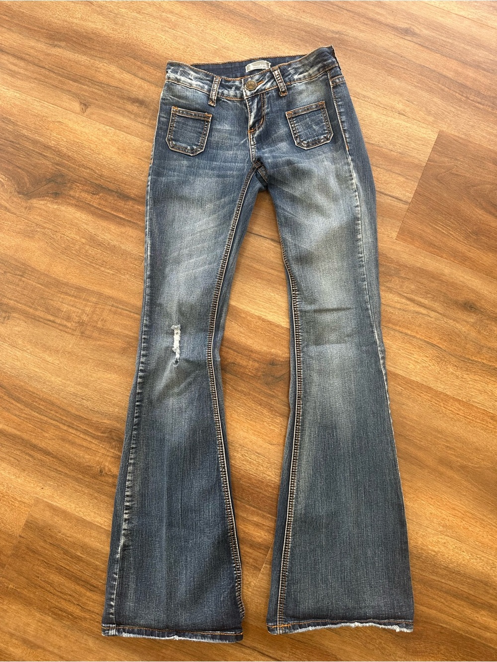 Soundgirl Faded Blue Flare Jeans with Subtle Distress